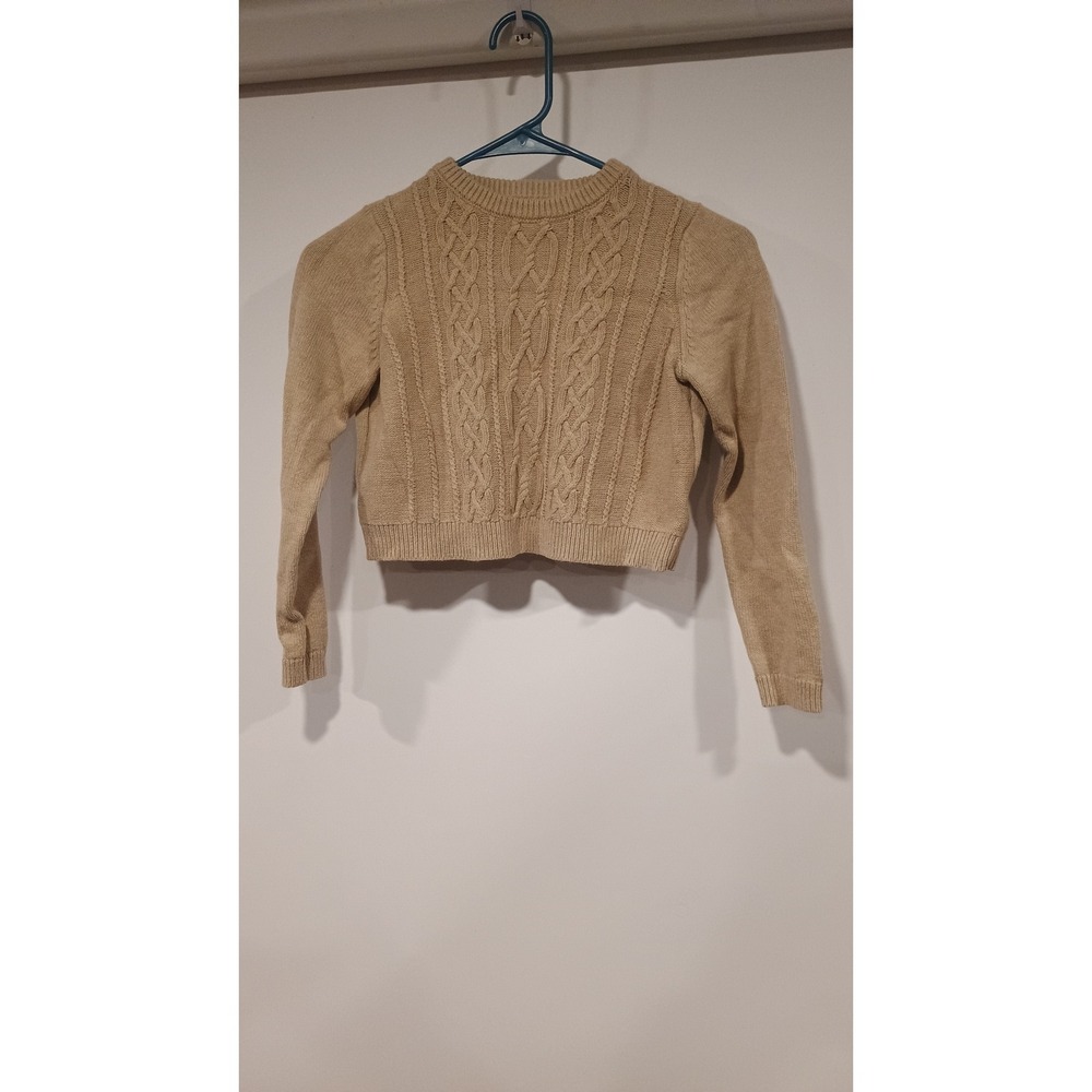 Happily Grey Cable Knit Sweater Girls Size M 7/8 Tan Excellent Cropped Crew Neck